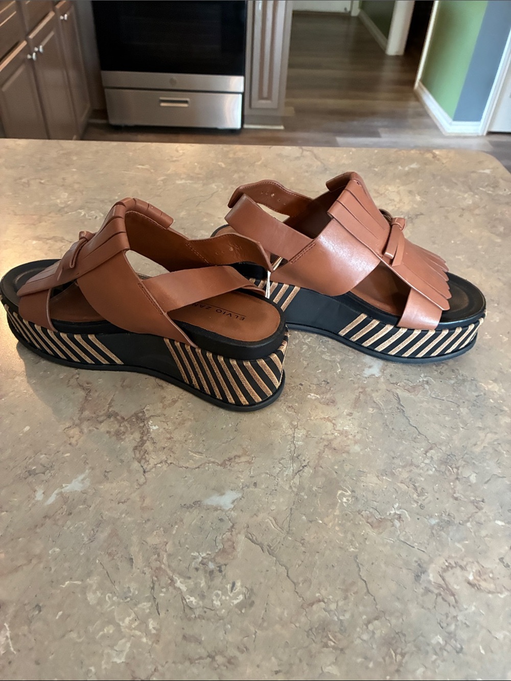 Women's Tan Platform Sandals with Fringe Cross-Strap